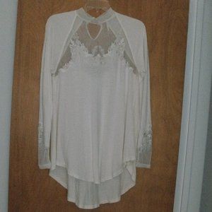 Free People Ivory Mock Neck Mesh Lace Embroidered Long Sleeve Tunic Top Blouse S